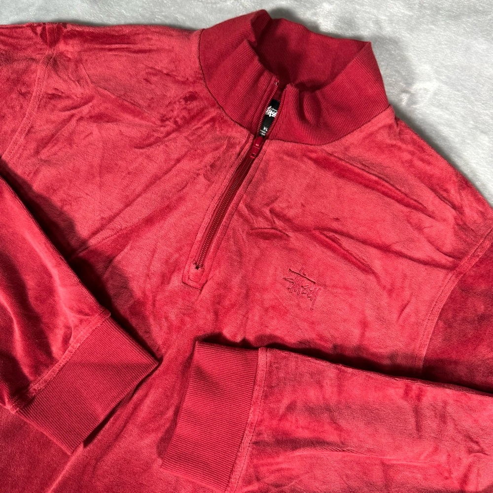 Stussy Velour 1/4 Zip Pullover Mens XL Slim Fit Mock Neck Red NEW